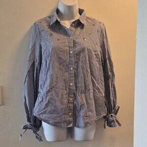 Nanette Lapore Women's Blue and White Striped Button Up Shirt w/ embelishment- M